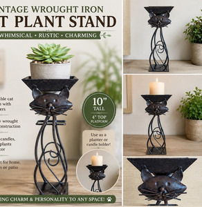 Vintage Deep Bronze Cat Plant or Candle Stand Whimsical Rustic Decor 