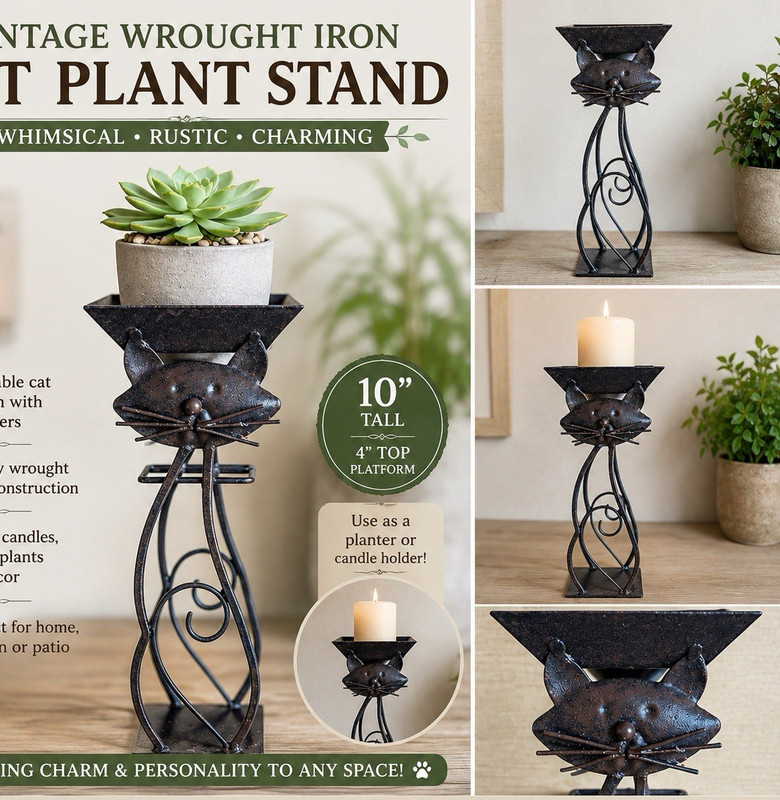 Vintage Deep Bronze Cat Plant or Candle Stand Whimsical Rustic Decor 