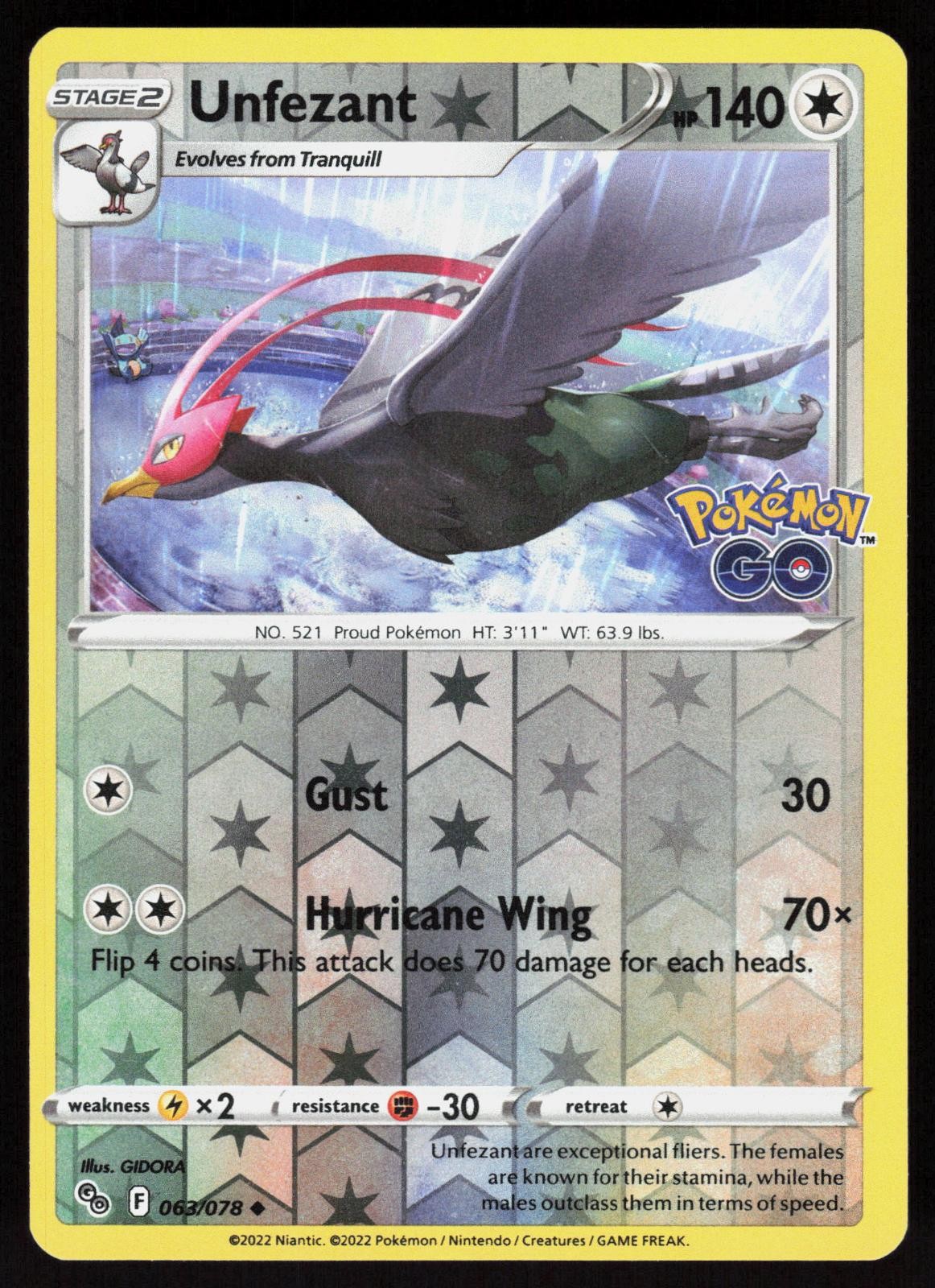 Unfezant 063/078 Uncommon Pokemon GO Pokemon Reverse Holo Lightly Played