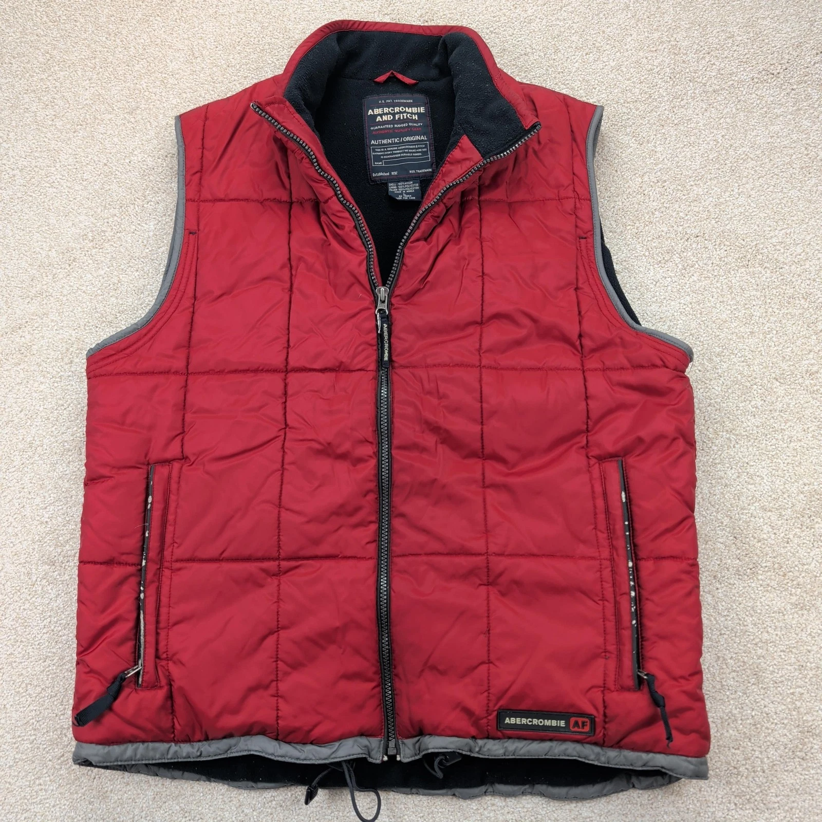 Vintage Abercrombie & Fitch Vest Mens Large Red Quilted Nylon Fleece Lined Zip