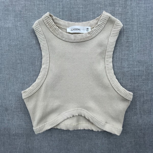 GLASSONS Womens Crop Tank Top Size XS Beige Ribbed Sleeveless Curved Front Hem