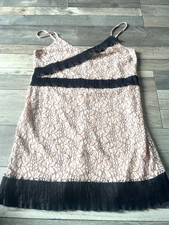 ladies river island size 18 black frilled nude pink lace cami tight fit  dress