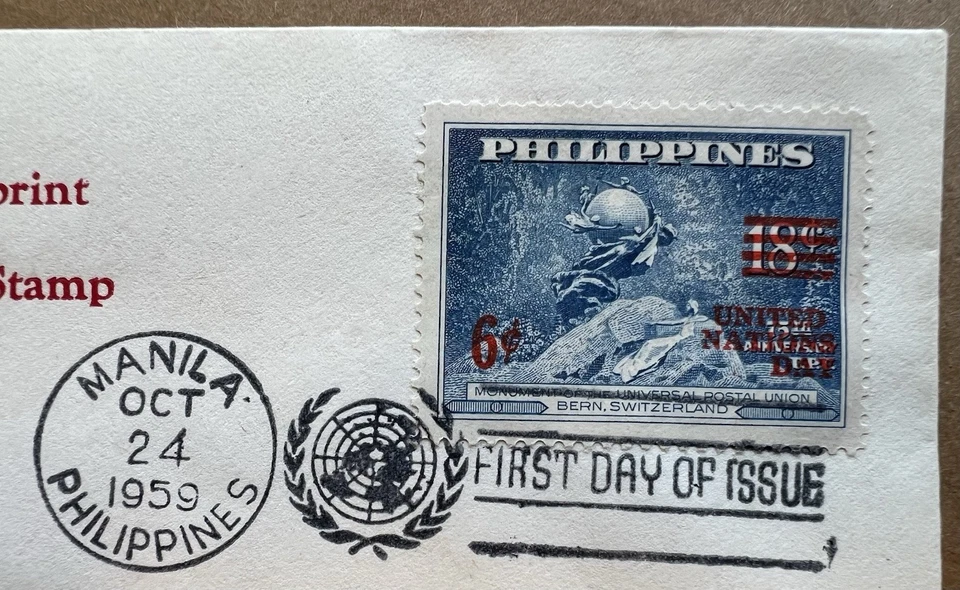 Filipinas FDC 1959 • Día de las Naciones Unidas • Sobreimpresión de monumento UPU Foto 3 de 4