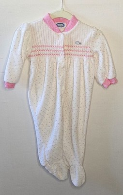 Vintage IZOD Lacoste Baby Girl Pink And White Polka Dot Terry Footed Pajamas