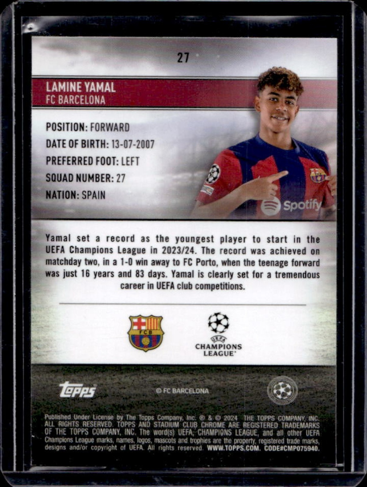 2023-24 Topps Stadium Club Chrome UEFA Lamine Yamal RC Rookie #27 Barcelona view 2