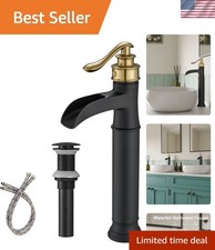 Waterfall Vessel Sink Faucet Black and Gold Bathroom Faucet 1 Hole  Single H...