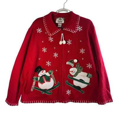 Vtg Snowman Christmas Sweater Red Ramie Cotton Zip Up XL Ugly Kitsch Cottagecore