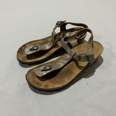 Papillio Birkenstock Womens Gold Python Snake Skin Leather Wedge Heel Sandals 6