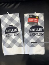 Lot of 2 Grillin Chillin Kitchen Towels Gray Plaid BBQ 15x25 New