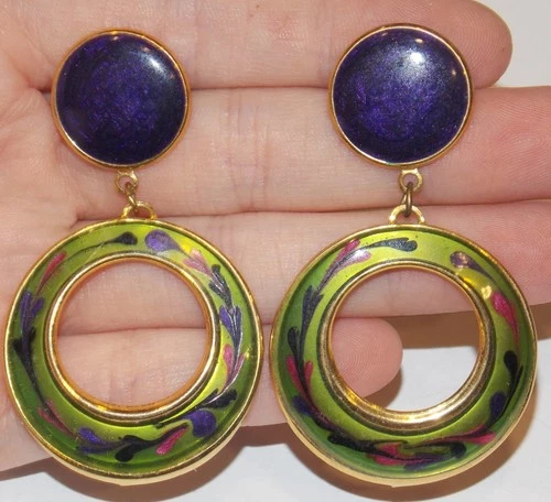 Vintage Green Purple Enamel Goldtone Hoop Dangle Earrings Costume Jewelry