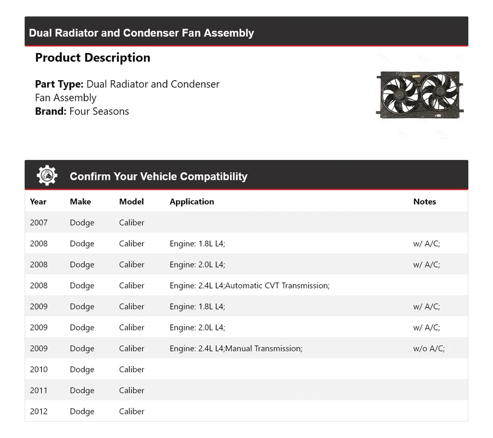 Двойной радиатор и конденсаторный вентилятор в сборе для Dodge Caliber 2007-2012 годов выпуска 4 сезона - Изображение 2 из 4