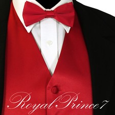 Red Solid Vest Waistcoat and Straight Cut Bow Tie Suit or Tuxedo Wedding Party