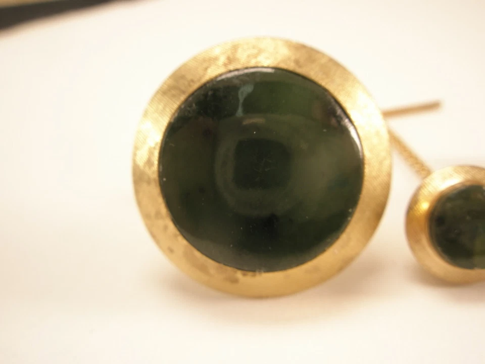 Genuino Verde Jade y Oro Tono GRANDE Vintage ESTERLINA Juego de Gemelos y Corbatas Foto 2 de 4