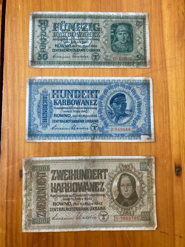 1942 WW2 German Occupied UKRAINE Karbowanez Banknote 50, 100, 200