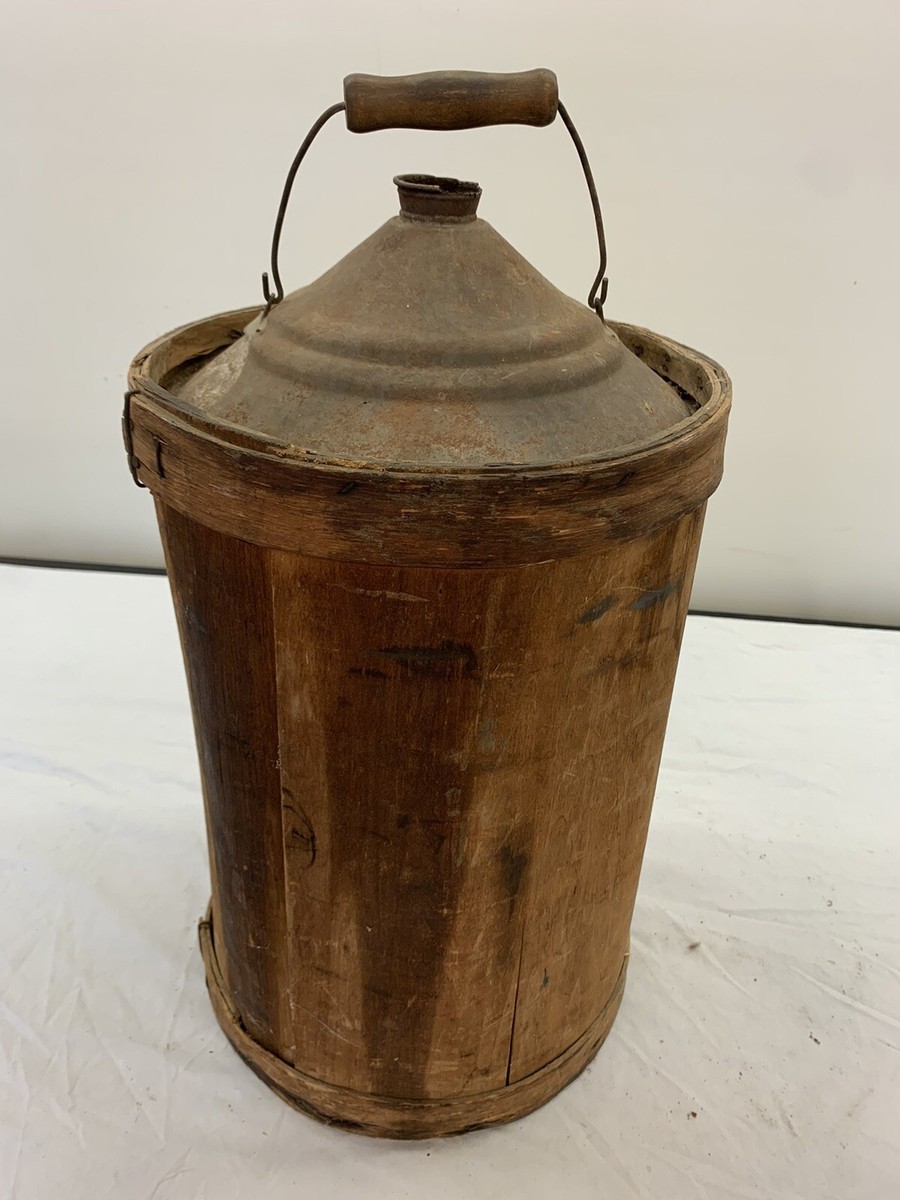 Antique 5 Gallon Kerosene Fuel Oil Gas Can, Wood Wrapped Metal Can