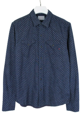 Replay Indigo Shirt Herren Groß Muster Taschen Druckknöpfe Gespreizter Kragen