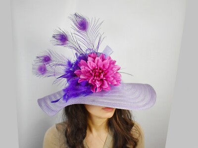 Purple Derby Hat Flower Peacock Feathers Hat Hot Pink Flower  display picture 1