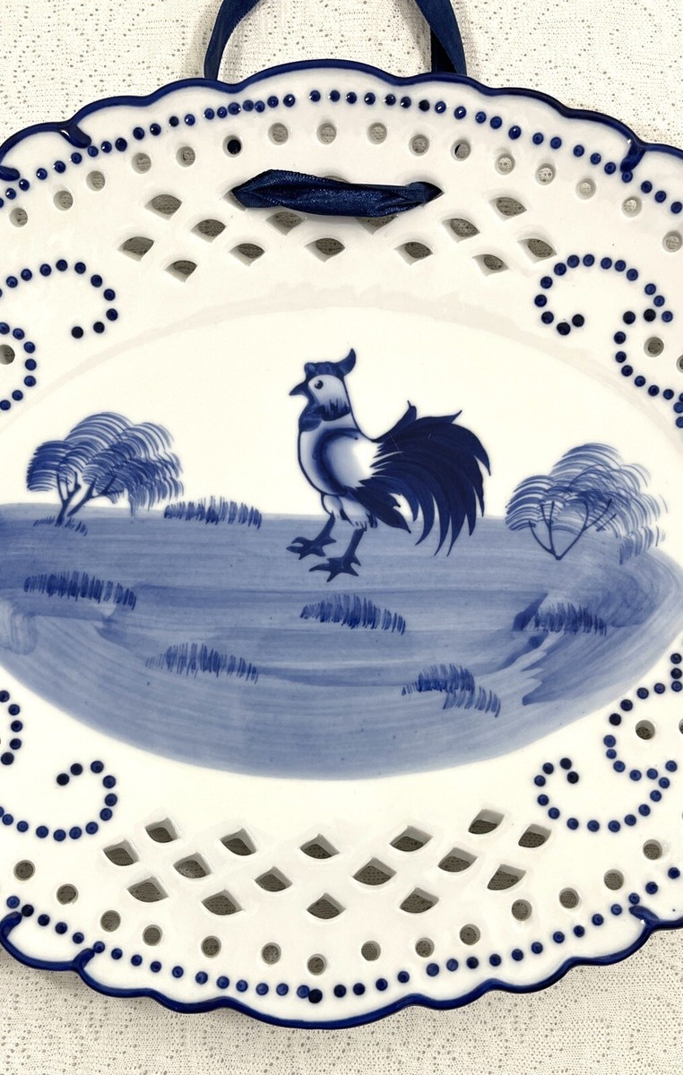 Lillian Vernon Blue White Rooster Plate Farmhouse Reticulated Wall