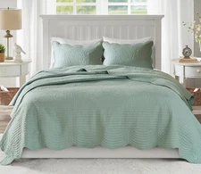 SEAFOAM GREEN 3p King QUILT SET : MATELASSE FARMHOUSE COZY COTTAGE TILE COVERLET