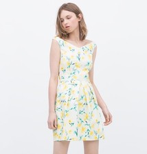 ZARA Watercolor Floral Print Fit And Flare Pleated V-Neck Dress 1112/057 L