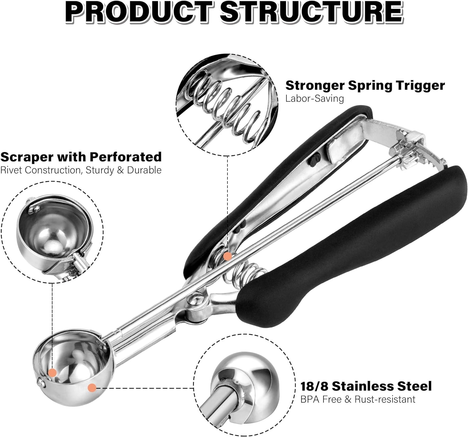 Small Cookie Scoop 2 Tsp, Professional Stainless Steel Ice Cream Scoop