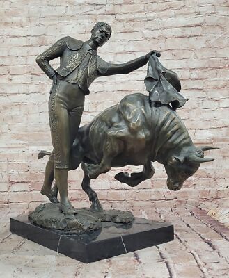 Signed Bronze Sculpture of Bullfighter with Toro Spain Cultural Memorabilia Art