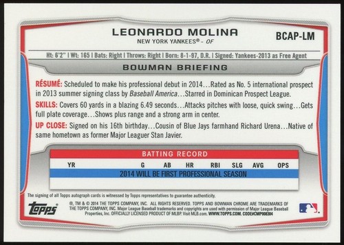 2014 Bowman Chrome Leonardo Molina Rookie Auto New York Yankees #BCAP-LM - 第 2/2 張圖片