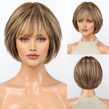 Short Bob Brown Mixed Blonde Wigs for Women 100 Human Hair Wigs with Bangs