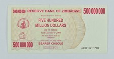 2008 Zimbabwe 500 Million Dollars Bearer Cheque *6771
