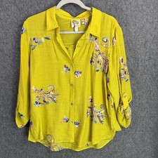 Fig and Flower Women's L Yellow Embroidered Roll-Tab Sleeve Button Front Blouse