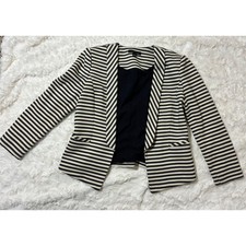Ann Taylor Striped Open Front Blazer Navy Blue Cream Textured Jacket Size 4
