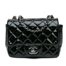 Authenticated Chanel Mini Square Classic Patent Single Flap Black Leather