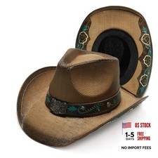 YOUBADU Western Straw Cowboy and Cowgirl Hats One Size-Large Embroidery Brown