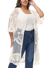 Women's Plus Size Lace Cardigan Embroidered Long Kimono Dusters with Half Sle...