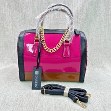 Fuchsia Dasein Womens Barrel Bag Shiny Patent Faux Leather Satchel Gold Chain