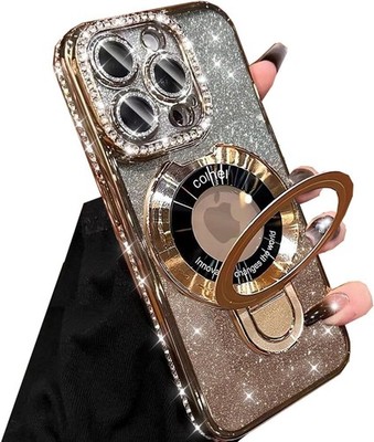 Magnetic Stand Glitter Case for iPhone 16 Pro Max, Luxury Bling Rhinestones Gold