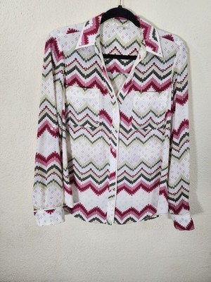 Candie's Womens Button Down Shirt M Polyester Pink Geometric Roll Tab Sleeve