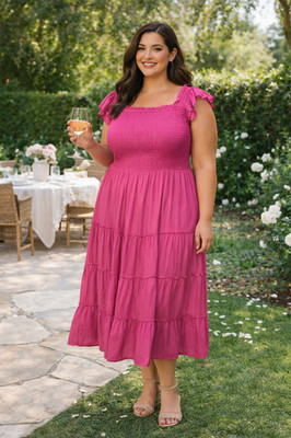 **Skies Are Blue Fuchsia Smocked Midi Dress 1X Flutter Sleeve Tiered Summer