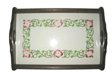 original Art Deco  Tablett  Spritzdekor  Keramik  Holzrahmen antique Tray Floral