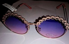 NEW SUNGLASSES Pretty Rose Gold Tone  Flower Frame, Blue  Rose Tint Lens 2" UV