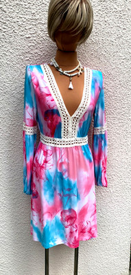 BODYFLIRT Midi Hippie Stretch Floral Sommer Kleid Häkelbordüren aqua pink 40/42