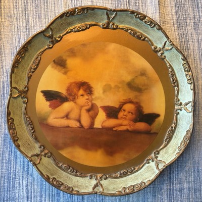 Italian Florentine Wood Tray Raphael Santi Winged Cherubs 16  Great Condition