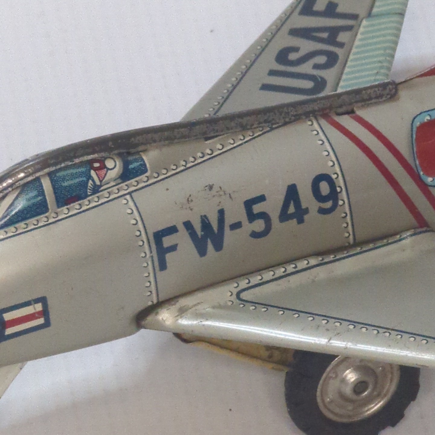 Vintage Tin Litho USAF F-100 Jet Toy 1950s Wind-Up Airplane 6" Japan Style