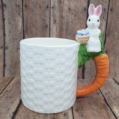 3D Easter Bunny Basket Weave Mug Carrot Handle Hidden Eggs Coffee Cup Spring