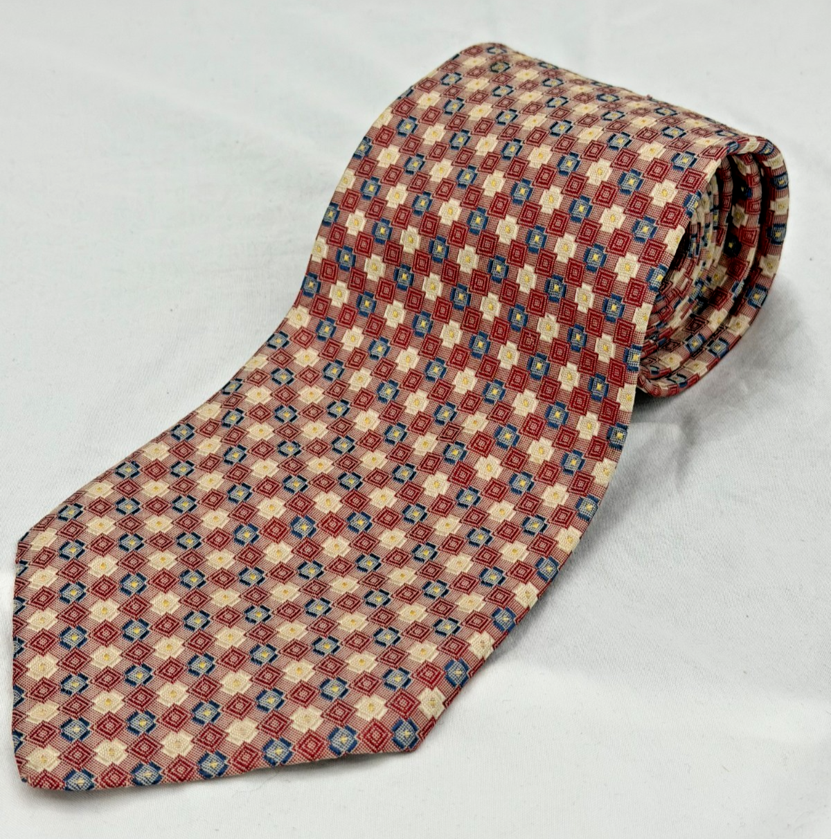 Robert Talbott Silk Tie Geometric Squares Red Blue Cream 59x3.5 USA Vintage