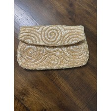 Vintage Handmade Japan Beaded Sequin Swirl Clutch Bag Cream Pearl Wedding Formal
