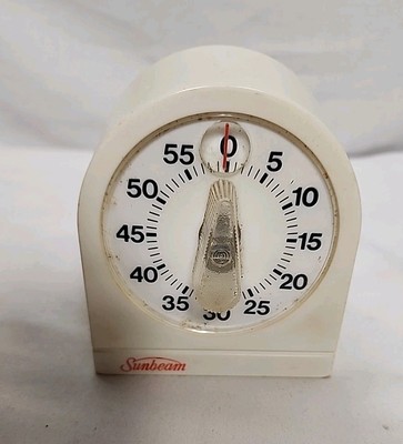 Vintage Sunbeam Mechanical Kitchen Timer Plastic White Analog Made in USA