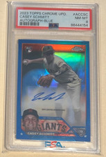 CASEY SCHMITT RC AUTO PSA 8 2023 TOPPS CHROME UPD. TRUE BLUE #150/150 BOOKEND SP