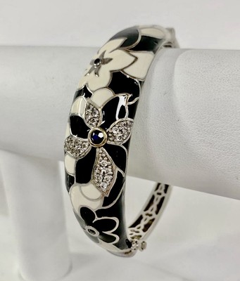 EMA 925 STERLING SILVER ENAMEL FLORAL HINGED BRACELET 6.75  #727