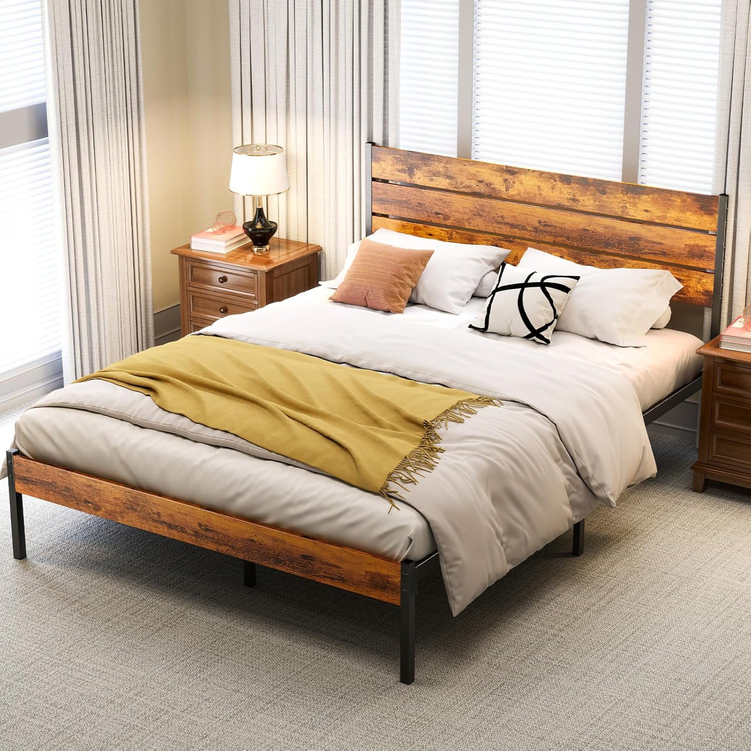 Full Size Bed Frame with Headboard, 800LBS Mattress Foundati